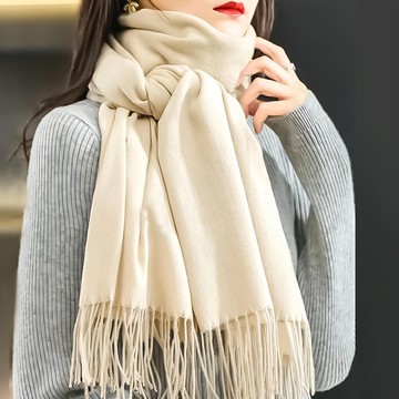 小麥購物 仿羊絨純色圍巾 E157 102g 2條  200 x 35cm  米白色