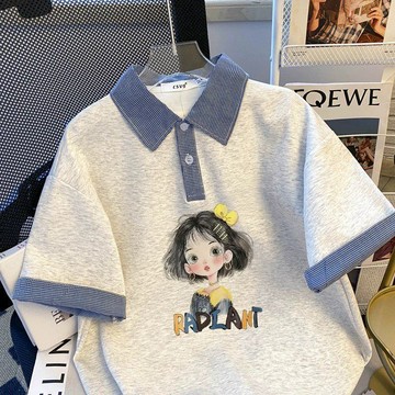 台灣出貨 女童插肩短袖T恤夏季新款洋氣卡通兒童休閑POLO衫夏裝小女孩體恤 女童上衣 女童polo杉 女童短袖