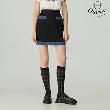 OUWEY歐薇 彈性壓摺撞色短裙(黑色；S-M)