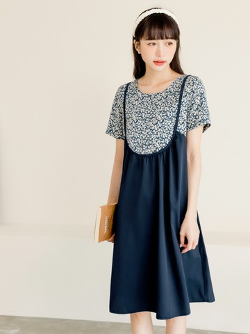 假兩件印花拼接不易皺吊帶中洋裝