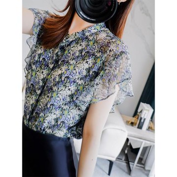 清倉撿漏一線專柜商場撤回女裝碎花飛飛袖雪紡襯衫上衣顯瘦小衫夏