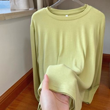 內搭綠色正肩打底衫女小清晰洋氣修身長袖t恤彈力上衣秋季新款