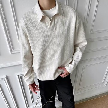 美式中高領拉鍊大學T男 高級polo衫坑條翻領長袖t恤