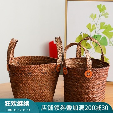 草編手提收納籃 花店文藝范花盆套窗臺盆栽花籃 家用雞蛋筐水果籃