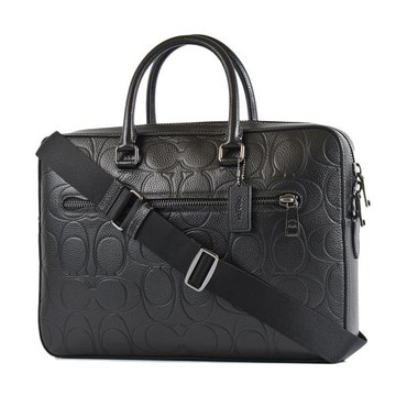 COACH 男款 鵝卵石紋壓印LOGO手提/斜背二用公事包-黑色