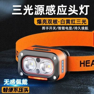跨境新款LED三光源感應頭燈 戶外夜騎釣魚多功能Type-C充電小頭燈