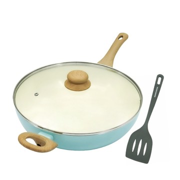 FACKELMANN 璀璨碧藍陶瓷不沾深炒鍋 32cm+鍋蓋+炒鏟三件組(適用電磁爐)
