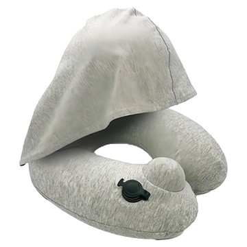 OMORY 連帽按壓充氣頸枕 附收納袋 灰色 舒適親膚材質  30 x 32 x 12cm