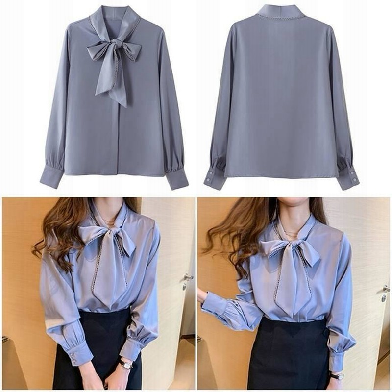 2color レディース ロマンティック ボウタイリボンブラウス トップス シャツ ブラウス 白シャツ 白トップス 長袖 リボン とろみ 青 ブルー 大人可愛い きれいめ 2color レディース ロマンティック ボウタイリボンブラウス