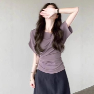 【WYZ】風短袖 設計感蝙蝠袖蕩領紫色上衣女夏日新款氣質輕熟風露肩短袖T恤