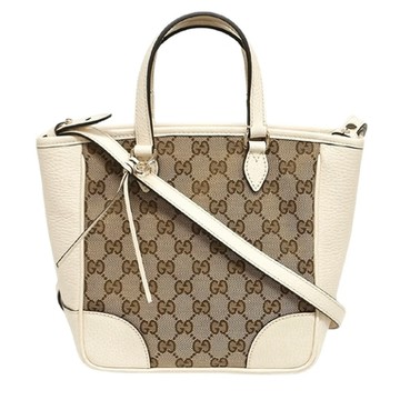 【GUCCI 古馳】449241 經典雙G LOGO拼接皮革飾邊緹花兩用手提/斜背包(白色)