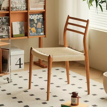北歐復古實木編繩餐椅網紅餐廳休閒椅靠背椅子設計師藤編中古椅子 雙11全館免運
