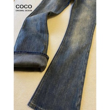 水泥灰高腰微喇牛仔褲女2025冬季爆款顯瘦修身彈力喇叭褲子潮