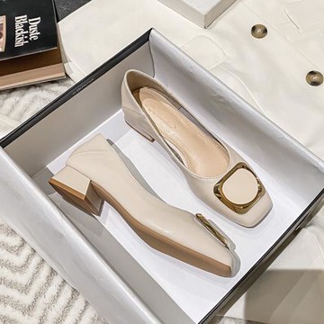 34小碼女鞋313233單鞋2023春新款真皮中跟一腳蹬奶奶鞋女包頭瓢鞋