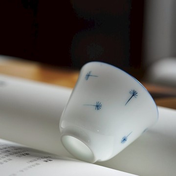 羊脂玉白瓷創意手繪蒲公英主人杯功夫茶具陶瓷單杯茶盞簡約品茗杯