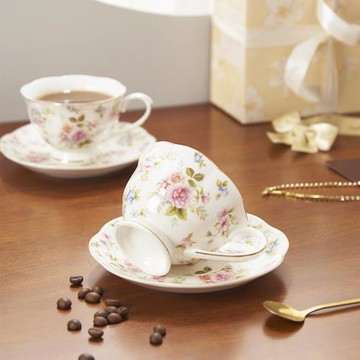 精致描邊復古英式碎花咖啡杯碟水杯套裝歐式下午茶喬遷伴手禮禮盒