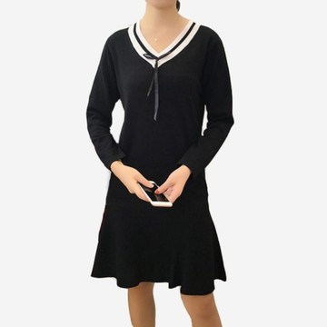 細羅紋針織V領蝴蝶結洋裝 (紅白條  黑白條  黑)三色售