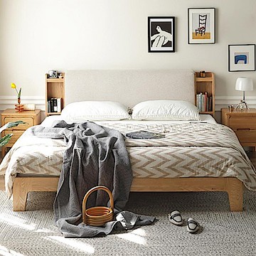 源氏木語西雅圖橡木布靠墊雙人150x190夜燈床架 Y90B08 米白 (H014380309)