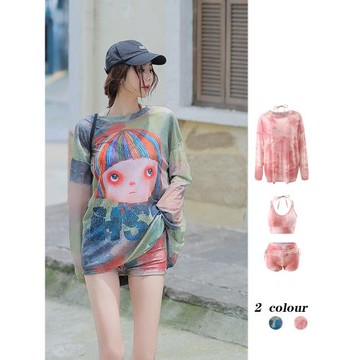 新款微胖泳衣女遮肉顯瘦分體三件套罩衫外罩長袖洋氣女孩潮酷溫泉