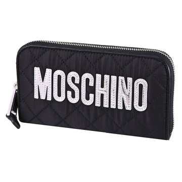 MOSCHINO 亮銀LOGO尼龍菱格紋絎縫拉鍊長夾.黑