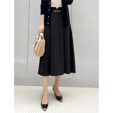簡約氣質款黑百褶裙女秋垂墜拉鏈口袋半身裙工作大擺a型中長裙
