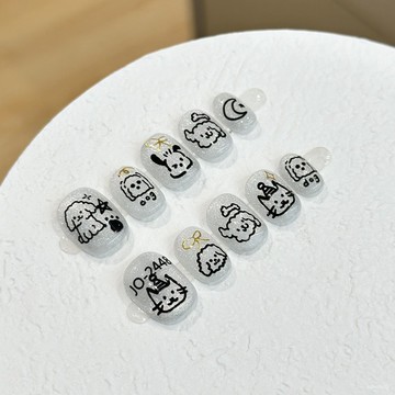 ➕最新設計款穿戴甲💅可愛卡通純手工穿戴甲片銀色貓眼小狗貓美甲貼片可拆卸光療甲成品短方圓穿戴甲 RCYE