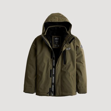 Hollister 防風防潑水仿皮草連帽風衣外套-橄欖綠色