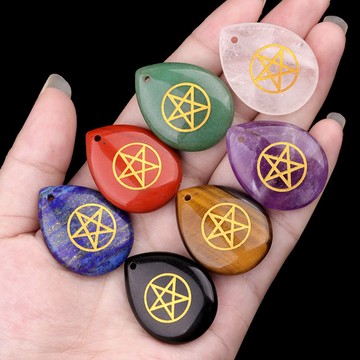 CS2506-2190-Pentacle紫粉白水晶雕刻五芒星符號水滴吊墜diy項鍊飾品掛件