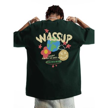 WASSUP涂鴉設計星球短袖男士夏季美式街頭重磅潮流情侶T恤上衣服