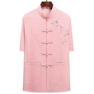 短袖唐裝男士套裝棉麻夏季薄款中國風刺繡寬松版爸爸裝亞麻中老年