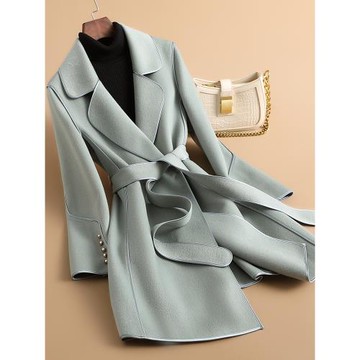 秋冬新款高端中長款雙面羊毛大衣小個子收腰呢子包邊毛呢外套