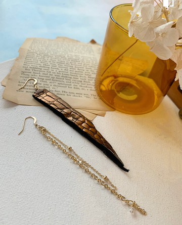 初春系列 黑銅色格仔紋 風信子石 天然晶石耳環