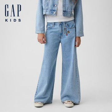 【GAP】兒童I LOVE NY低腰刺繡寬鬆牛仔褲-淺色水洗(912240)