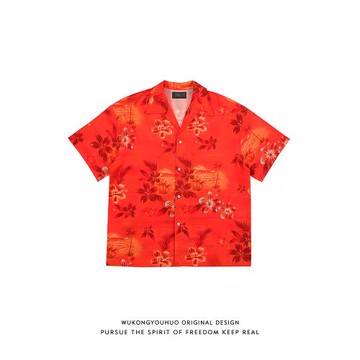 悟空有貨潮牌夏季花卉滿印古巴領短袖襯衫男港風寬松情侶半袖襯衣