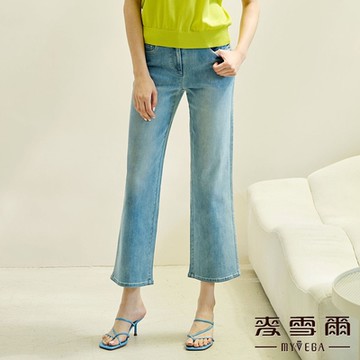 MYVEGA麥雪爾 MA棉質褲耳刷色彈力九分牛仔褲-藍