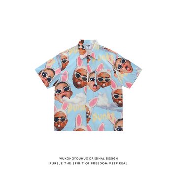 悟空有貨潮牌美式小眾短袖襯衫男夏季寬松情侶hiphop情侶襯衣外套