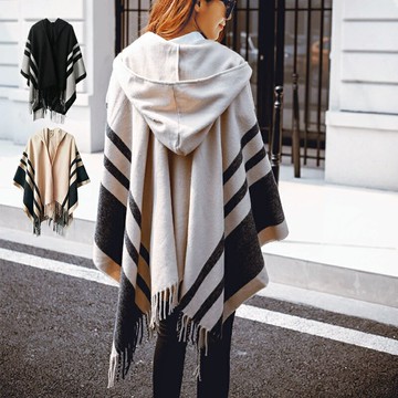 仿羊絨連帽披肩斗篷外套 斗篷外套 披肩斗篷 披風斗篷 連帽斗篷 保暖披肩 針織披肩【IB101】99750走走去旅行