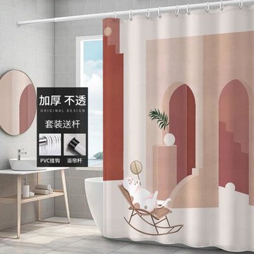 莫蘭迪浴簾防水布卡通貓咪衛生間隔斷掛簾防霉加厚滌綸套裝免打孔
