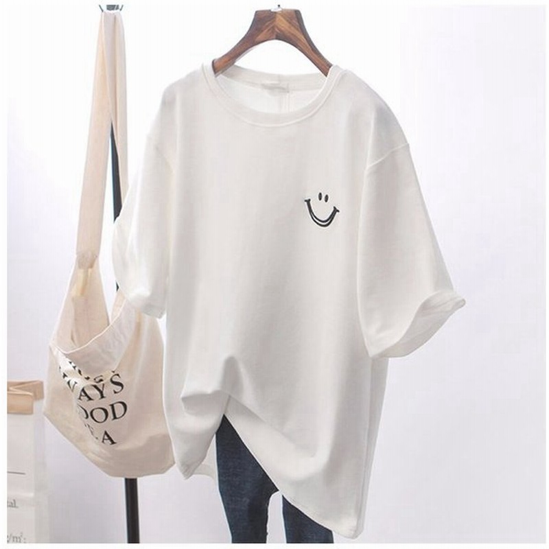 レディース スマイルロゴtシャツ シンプル 韓国ファッション ２カラー ブラック ホワイト ワンポイントtシャツ 通販 Lineポイント最大0 5 Get Lineショッピング
