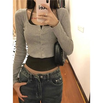 美式復古拼接假兩件長袖T恤女春季新款辣妹掛脖收腰修身短款上衣