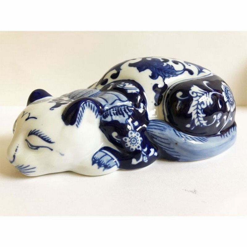 再入荷】シノワズリ柄が素敵！大きな猫 陶器オブジェ 手描き
