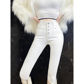 白色牛仔褲女春秋冬2025新款加絨高腰收腹排扣小腳緊身鉛筆加長褲