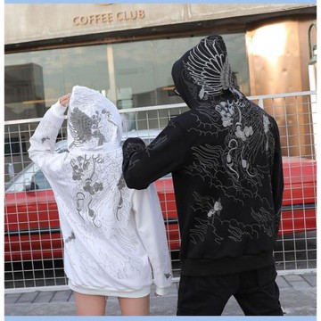 秋季刺繡天使翅膀衛衣情侶套頭連帽立體繡花國潮青年休閑寬松長袖