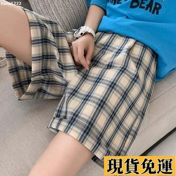 台灣出貨 大尺碼短褲女 韓版短褲 藍色格子短褲女夏季薄款寬鬆直筒中褲外穿五分高腰休閑闊腿五分褲 夏天短褲
