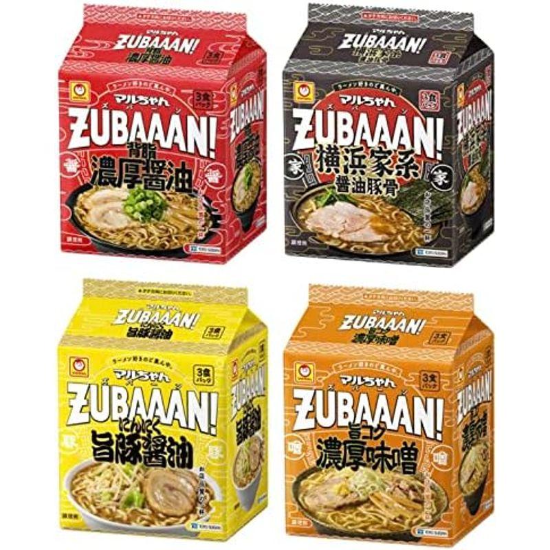 マルちゃん ZUBAAAN ズバーン 4種類セット(計12食) 背脂濃厚醤油 3食パック×1 旨コク濃厚味噌 3食パック×1 にんにく旨豚醤