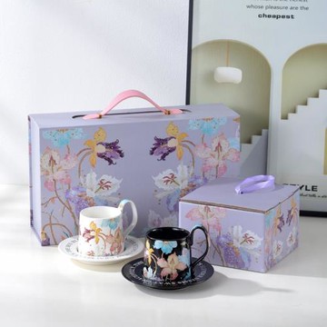 復古鳶尾花咖啡杯碟高級感下午茶水彩畫時尚陶瓷杯碟伴手套裝杯子