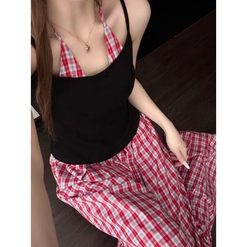 高品質 夏季女生睡衣 涼快居家服 可外出慵懶感復古格紋背心吊帶睡衣女夏季假兩件長褲顯瘦家居服套裝外穿 背心睡衣 睡衣長褲