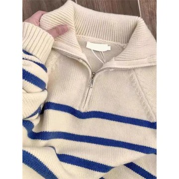 藍色條紋浣熊絨半拉鏈polo翻領毛衣秋冬女針織內搭打底衫上衣冬季