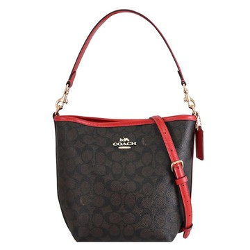 COACH CT800 馬車LOGO印花皮革兩用水桶包.深咖/紅