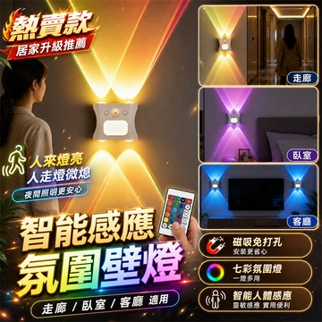 【雙面發光🔥免打孔】磁吸式LED壁燈 人體感應燈 16色氛圍燈 小夜燈 led燈 遙控 夜燈 床頭燈 磁吸壁燈 玄關燈